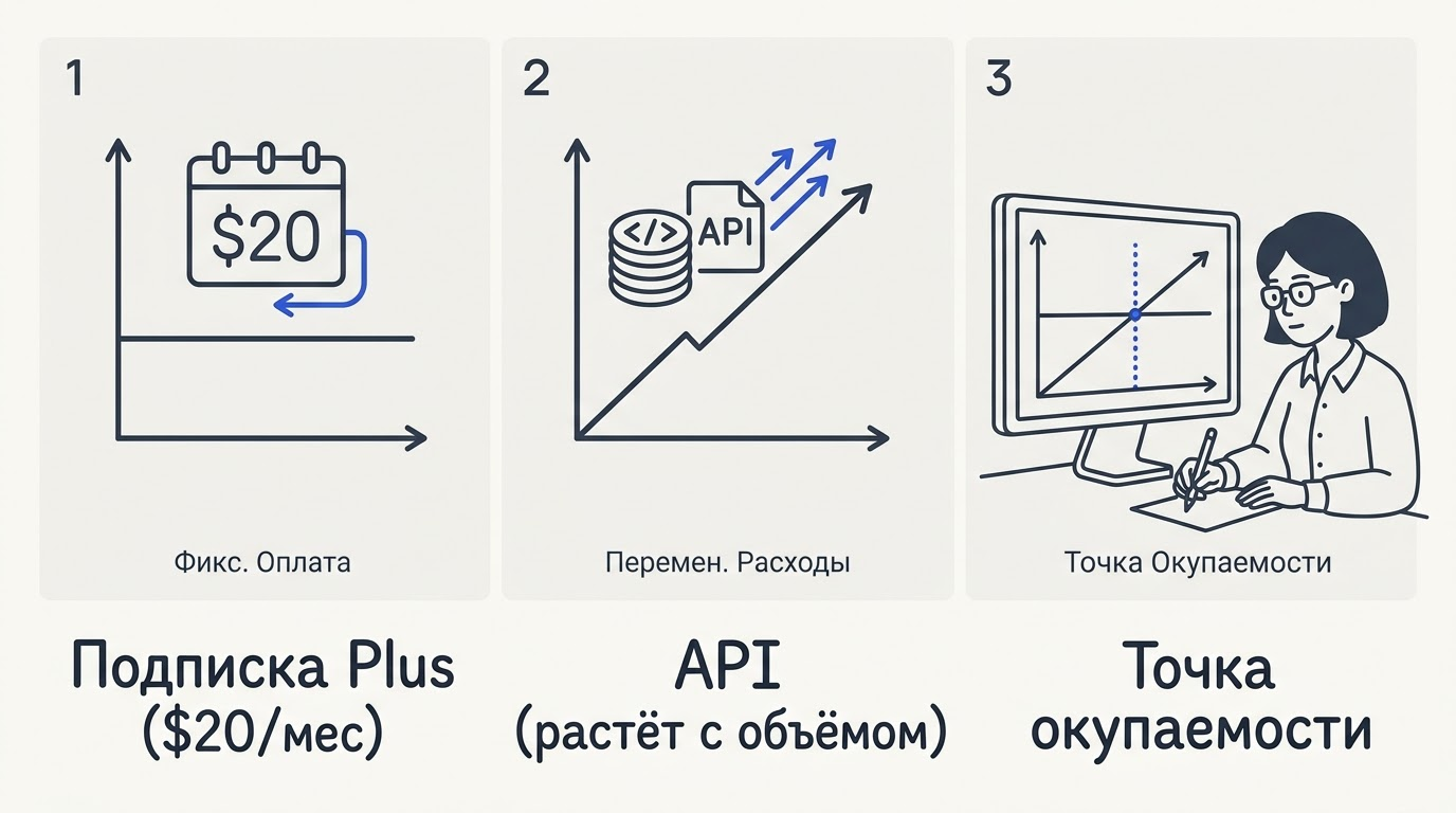 График на мониторе с двумя линиями: горизонтальная прямая стоимости подписки Plus и растущая кривая расходов API, точка пересечения отмечена пунктиром