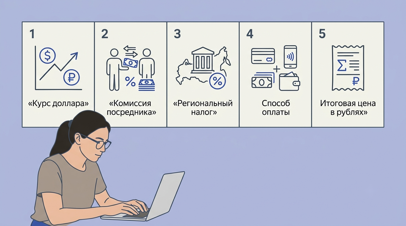 Печатный чеклист на столе рядом с ноутбуком женщины: строки с иконками для каждого фактора рублёвой цены — курс, комиссия, налог, способы оплаты, VPN
