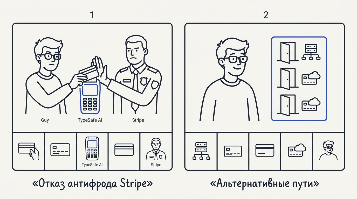 Комикс: охранник Stripe блокирует оплату российской картой в терминале, а рядом открыты двери альтернативных способов оплаты.