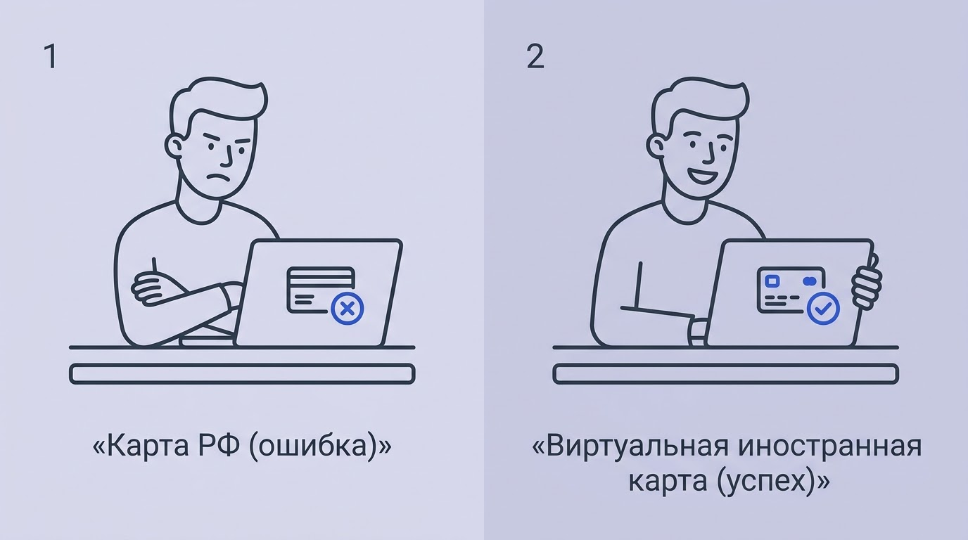 Разделенный экран: слева грустный пользователь с отклоненной российской картой, справа он же радостно оплачивает счет иностранной виртуалкой.