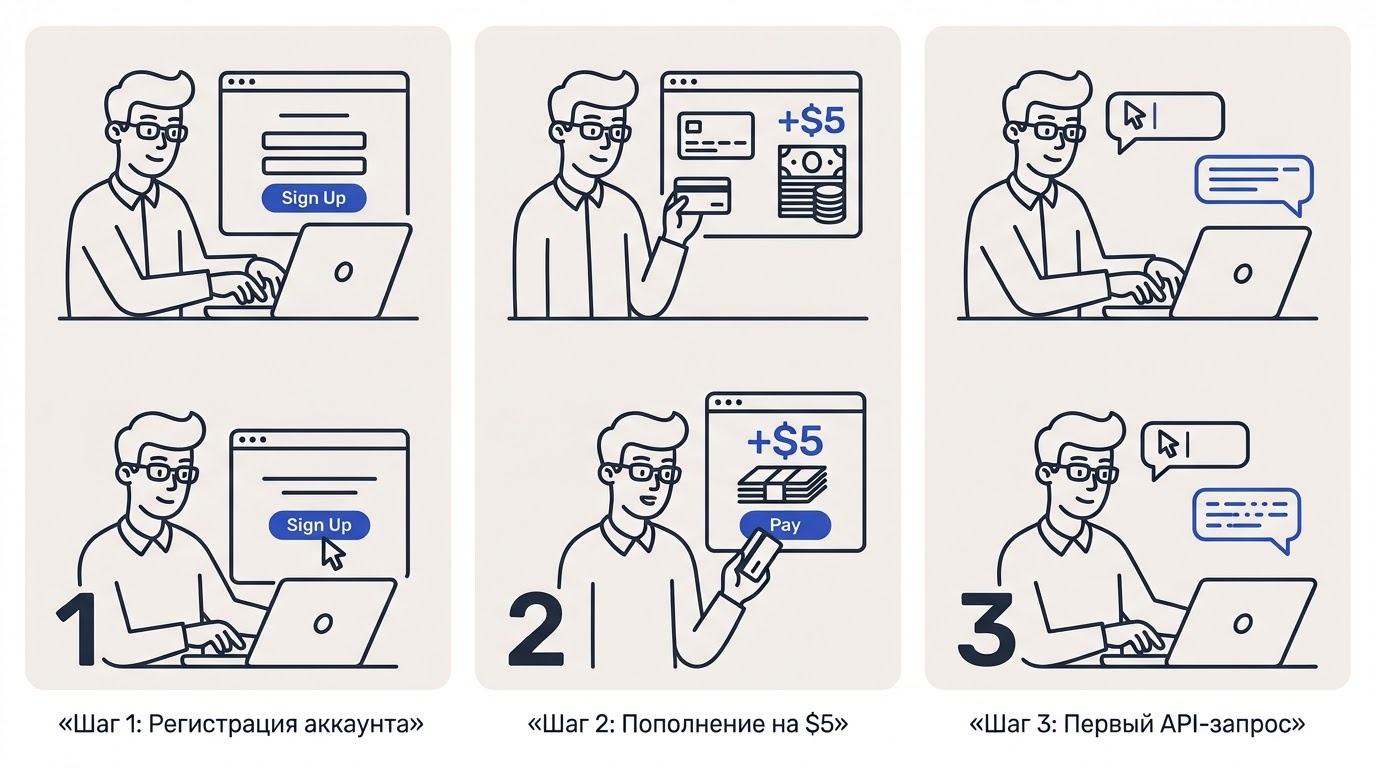 Пошаговая схема: регистрация в веб-интерфейсе, пополнение баланса на 5 долларов и успешная отправка первого текстового промпта.