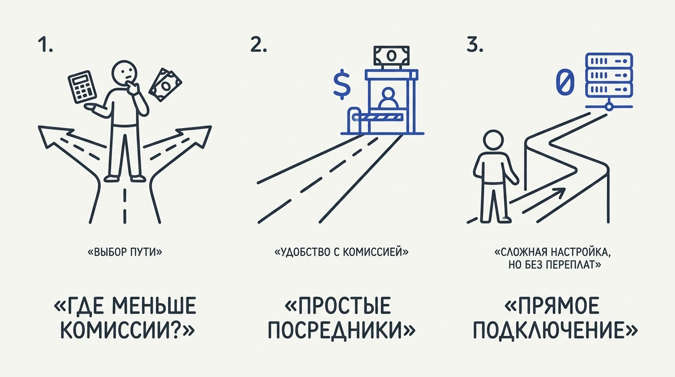 Метафора выбора пути: ровная платная дорога с комиссией и извилистая бесплатная тропа, ведущая напрямую к серверной стойке.