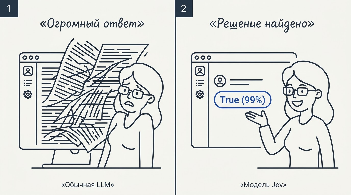 Комикс из двух панелей: героиня получает полотно текста от обычной LLM и четкий ответ от Jev.