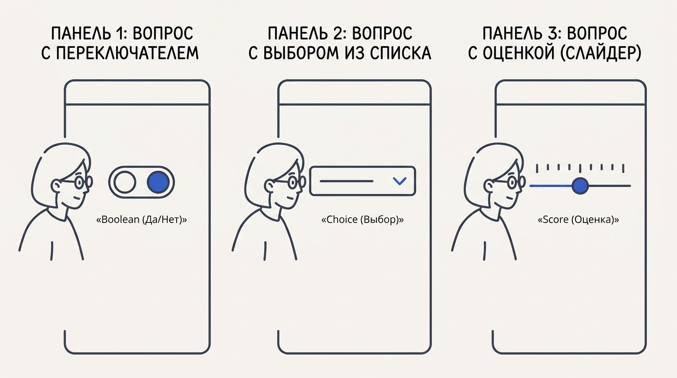 Сравнение трех интерфейсных карточек для разных типов вопросов: переключатель, выпадающий список и шкала оценки.