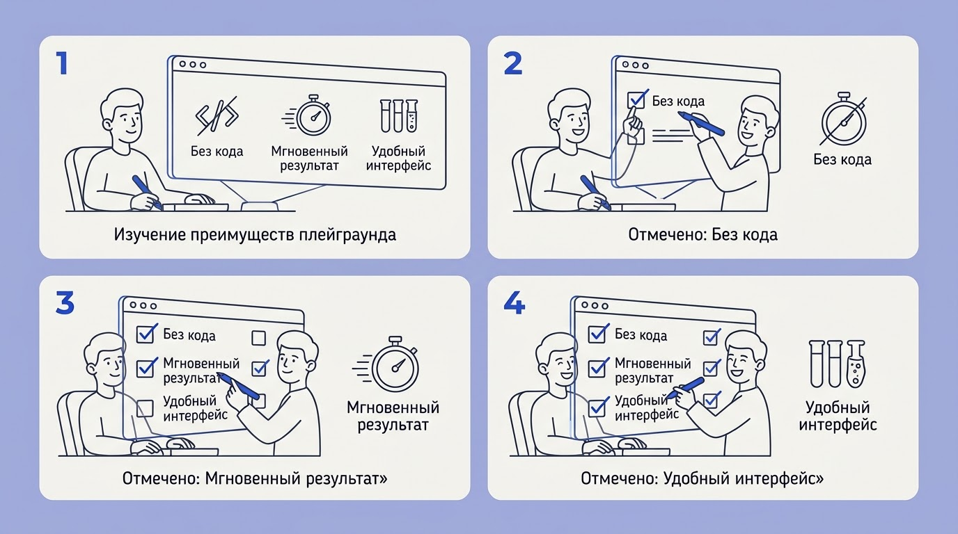 Девушка за столом отмечает преимущества работы в плейграунде на большом голографическом экране.
