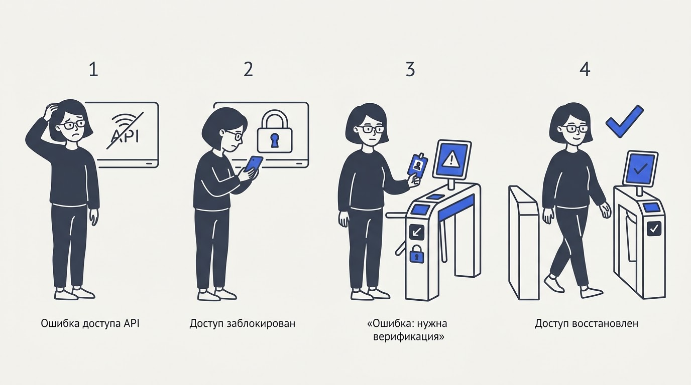 Героиня с бейджем стоит перед заблокированным турникетом, требующим верификации пользователя.